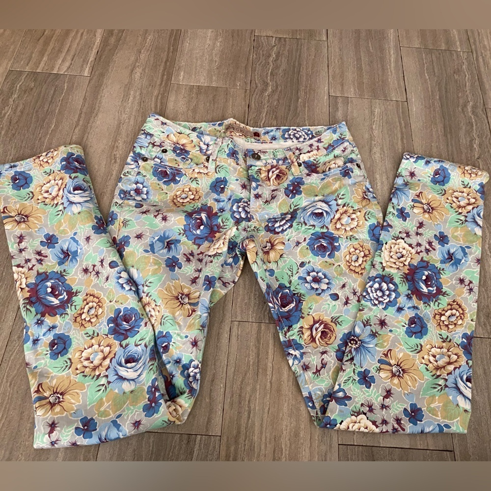 GJG Womens Skinny Jeans Pants Size 7 Juniors Blue Floral Low Rise Stretch
